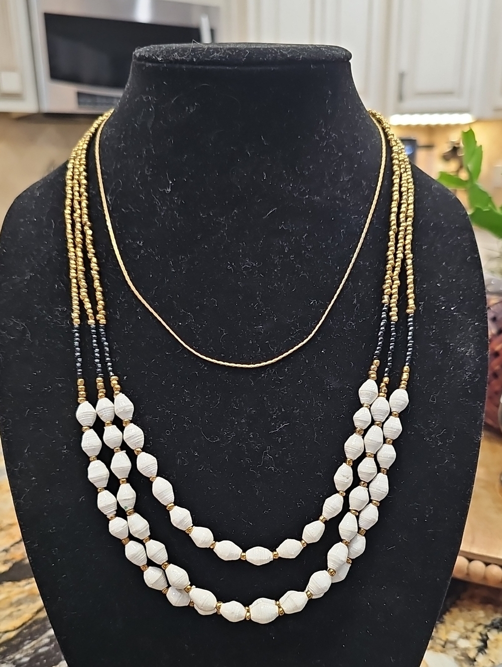 Three-Strand White Beaded Necklace with Gold Accents & Single Goltone Necklace